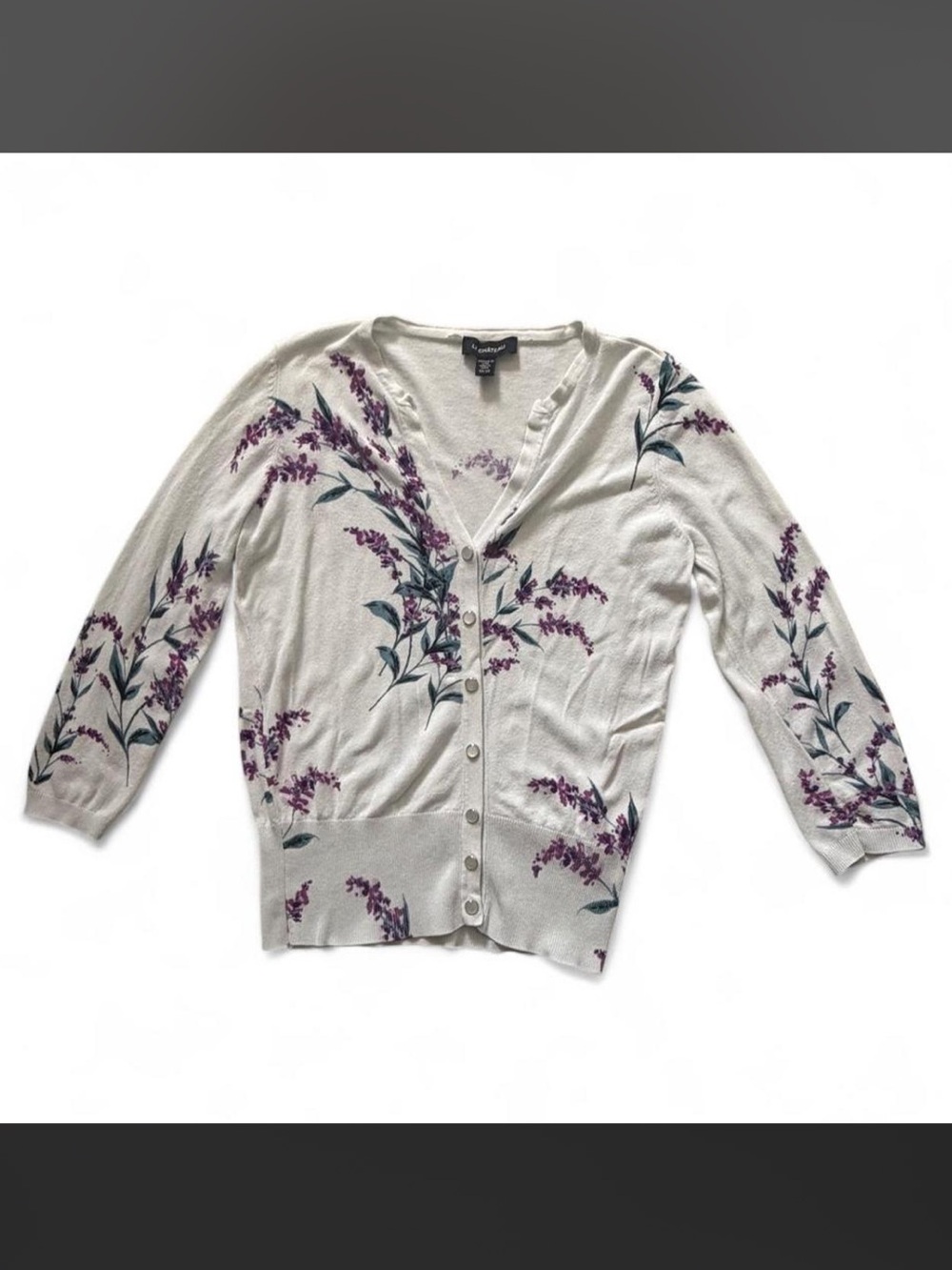 le chateau Cream Cardigan with Purple Floral Print with 3/4 sleeves